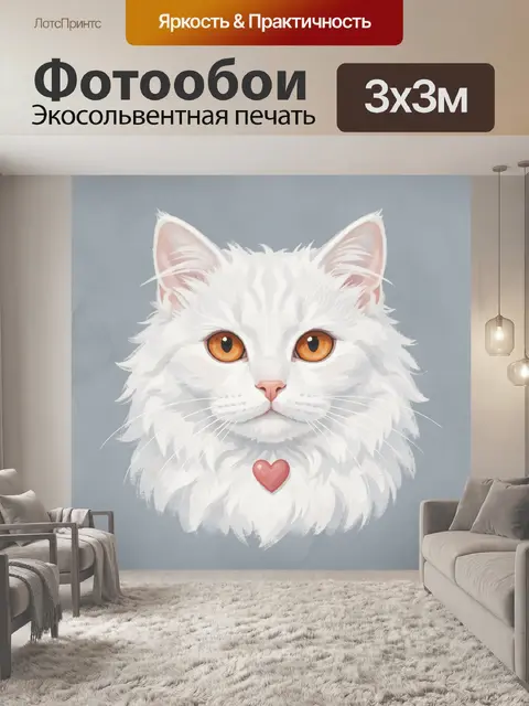 Фотообои Милый белый кот с сердцем