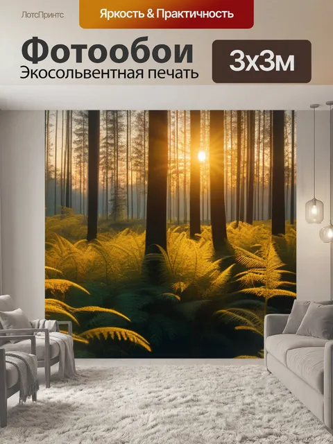 Фотообои лес в золотом свете заката