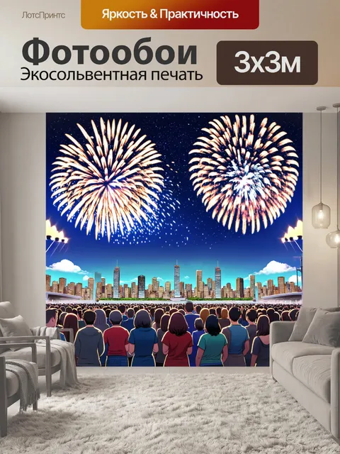 Фотообои город в стиле мультяшный с пиротехническим шоу на небе и толпой людей, восхищающихся