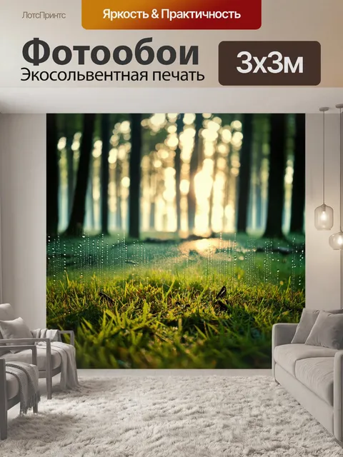 Фотообои рассвет в лесу, где солнечные лучи пробиваются сквозь густые кроны деревьев