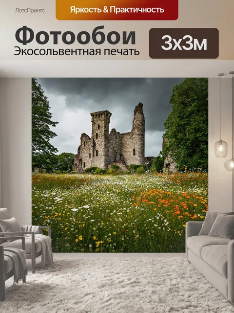 Фотообои природа в стиле готический, руины древнего замка, окруженные дикими цветами и мрачными тенями