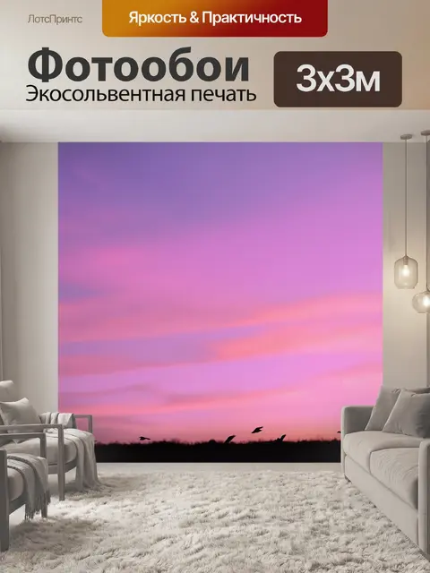 Фотообои небо, окрашенное в разные оттенки розового и пурпурного, с изящными силуэтами птиц на фоне