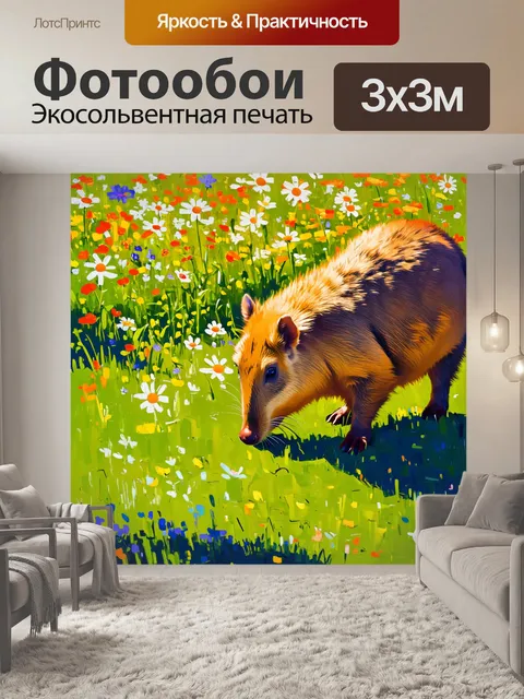 Фотообои изображение капибары, мирно пасущейся на зеленом лугу, окруженной яркими цветами