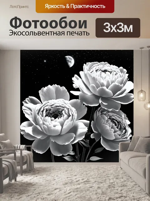 Фотообои пионы в черно-белом стиле