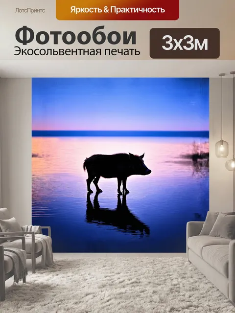 Фотообои кабан, находящийся на берегу тихого озера в сумерках, отражается в спокойной воде