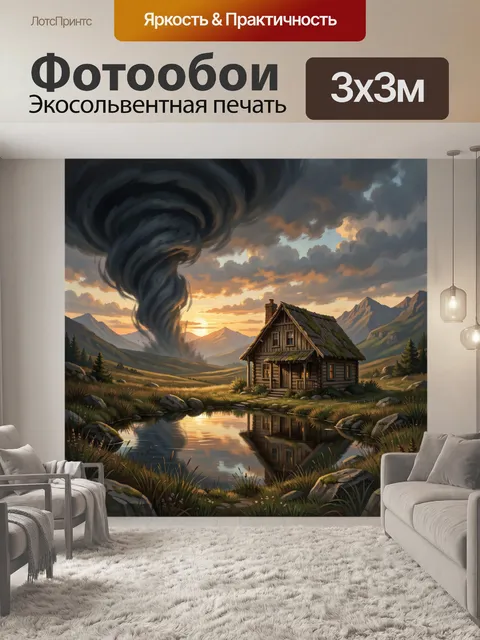 Фотообои Хижина у озера и смерч