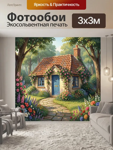 Фотообои Сказочный домик среди цветов