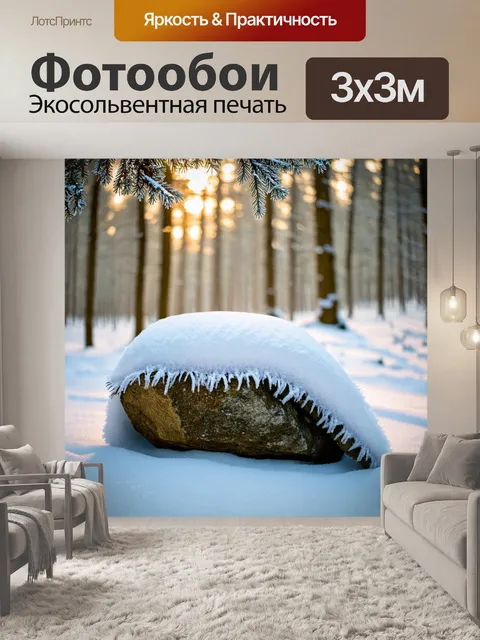 Фотообои с камнем, укрытым под снежным покровом в зимнем лесу, с замороженными ветвями деревьев, сверкающих на солнце