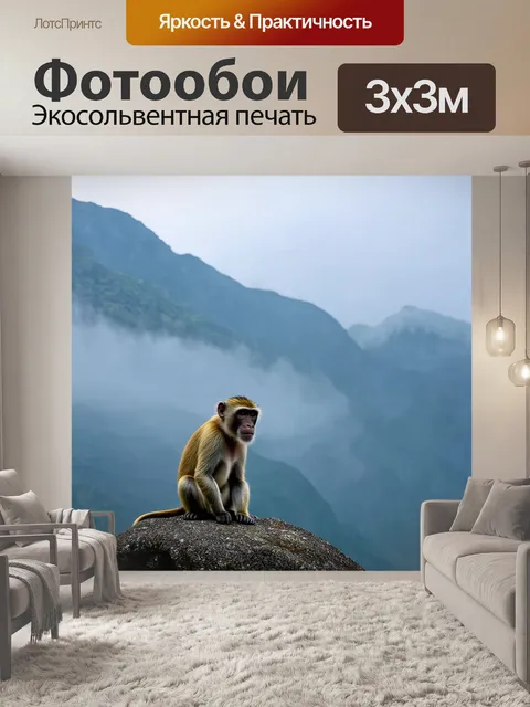 Фотообои на фоне величественных гор, окутанных туманом, одна обезьяна сидит на скале, задумчиво глядя в далекую бездну