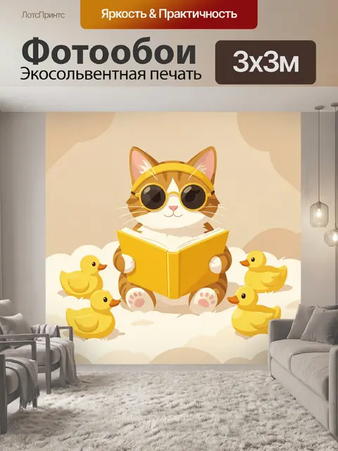 Фотообои Котик с книгой и утята