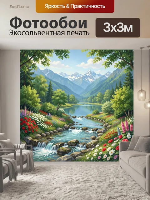 Фотообои Горная долина с рекой и цветами