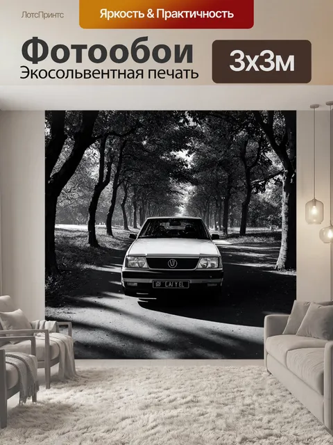Фотообои машина в стиле нуар, светлая дорожка с настойчивыми тенями деревьев вокруг автомобиля
