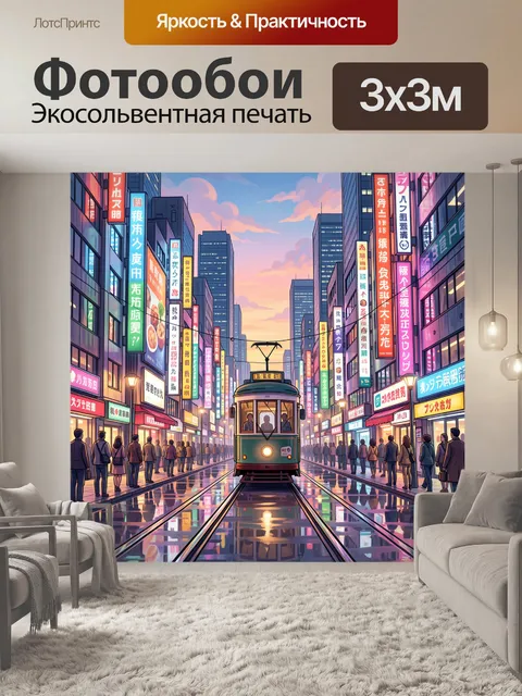 Фотообои Неоновая улица с трамваем