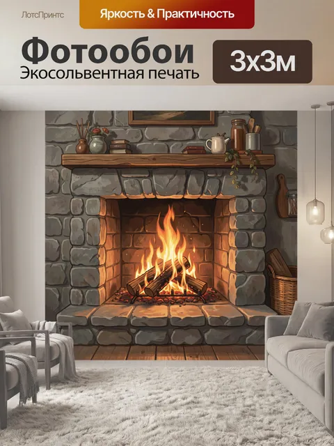 Фотообои Каменный очаг с горящими дровами