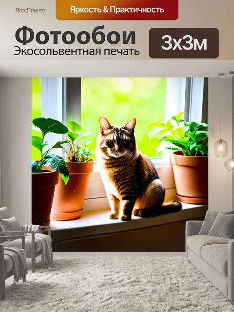 Фотообои кот, сидящий на окне в солнечном свете, с яркими цветами горшечных растений на подоконнике