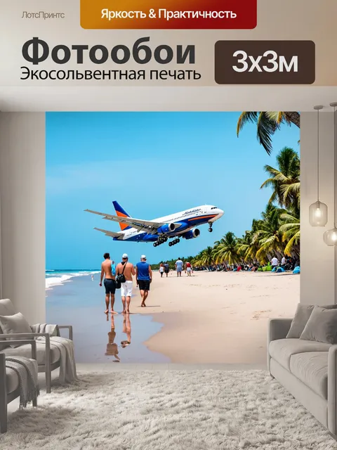 Фотообои самолет, приземляющийся на пляж, с пальмами на фоне и туристами, наблюдающими за его посадкой