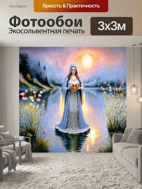 Фотообои верховная жрица стоит на берегу мистического озера, окруженного туманом