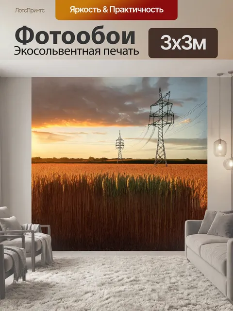 Фотообои мачты линий электропередач разделяют два поля: одно золотое