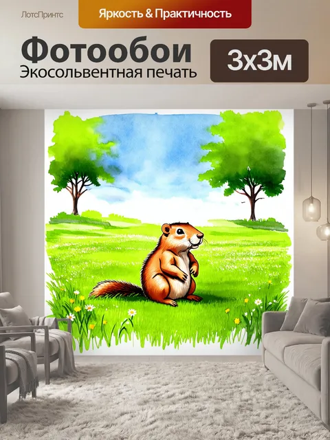 Фотообои солнечное утро на свободной поляне, где суслик сидит на зеленой траве, окруженный яркими цветами