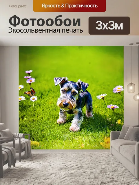 Фотообои шнауцер, играющий на зелёной траве в солнечный день, окружённый цветущими цветами и бабочками