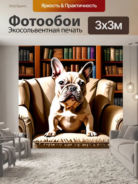 Фотообои французский бульдог, уютно устроившийся в кресле возле книжной полки, смотрит на зрителя