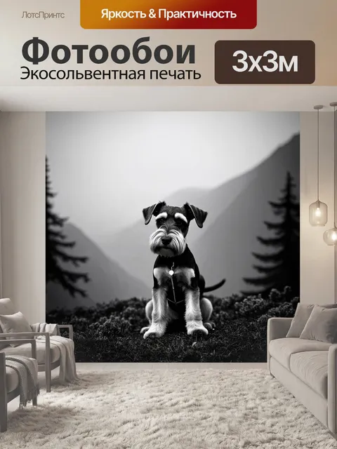 Фотообои цвергшнауцер у подножия гор, покрытых туманом, с резкими силуэтами деревьев на заднем плане