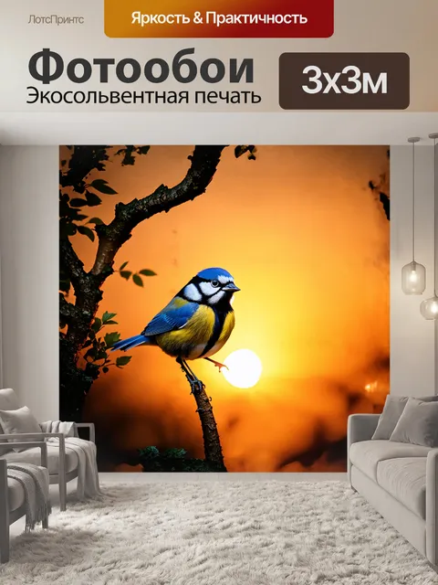 Фотообои голубая синица на фоне заката, её контуры величественно выделяются на золотистом небесном фоне