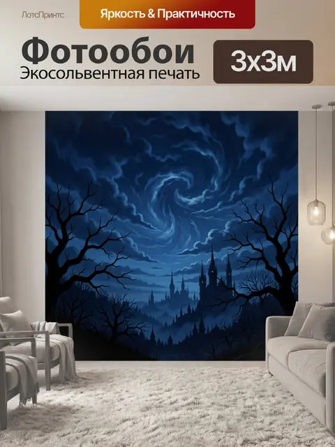 Фотообои Ночной замок в туманных лесах