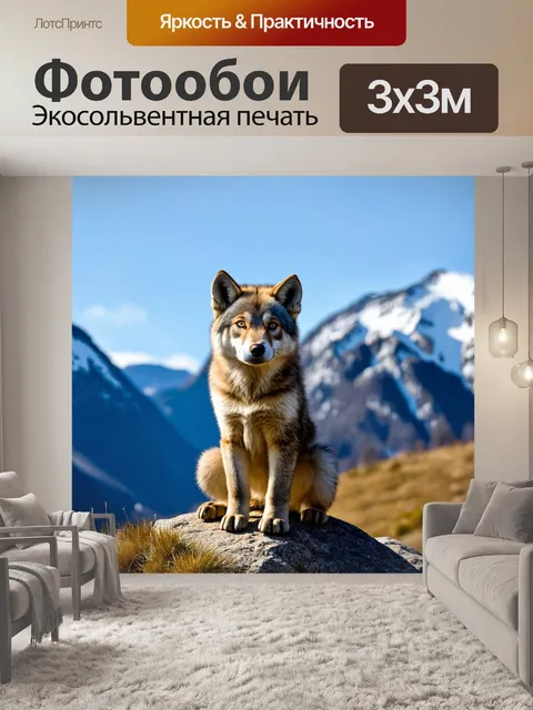 Фотообои волчонок, сидящий на камне на вершине холма, с заснеженными горами на фоне и ярким солнцем
