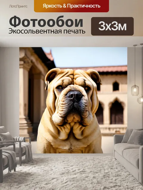 Фотообои собака шарпей, проявляющая свою неповторимую мордочку, на фоне старинного здания