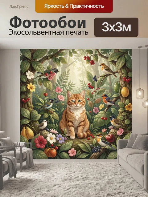 Фотообои Рыжий кот и лесные птицы