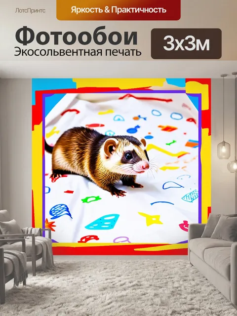 Фотообои изображение хорька, играющего с белым листом, на котором нарисованы цветные игрушки, в легкомостиле, с…