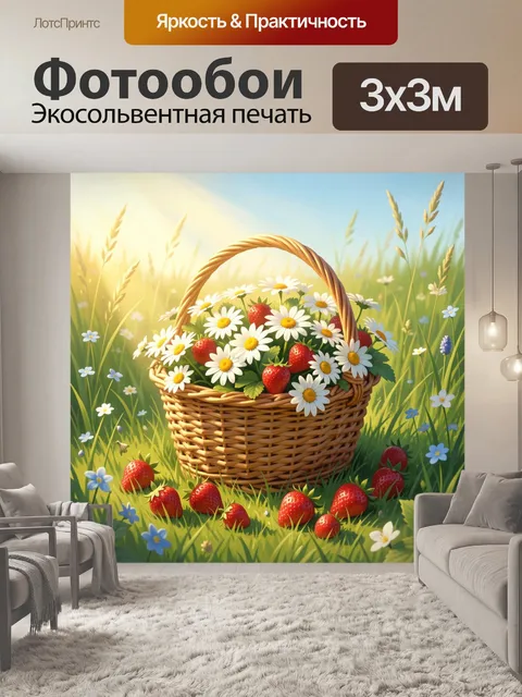 Фотообои Корзина с ромашками и клубникой