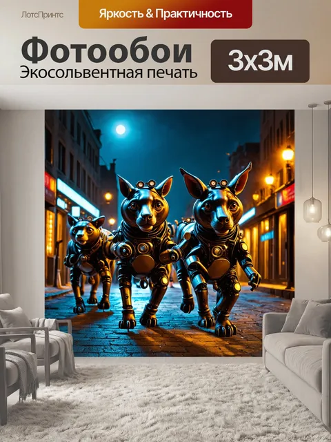 Фотообои ночь в стиле стимпанк, животные в механических костюмах, гуляющие по улицам под луной