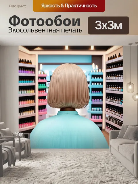 Фотообои динамичная сцена стрижки волос, окруженная ароматами эфирных масел и яркими цветами на полках