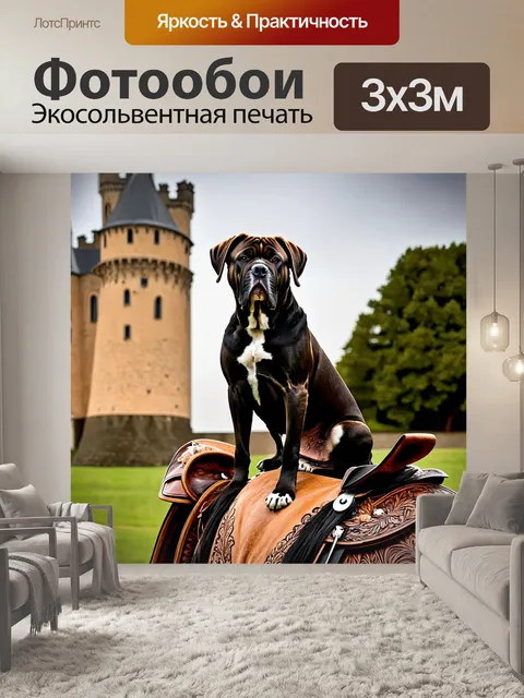 Фотообои королевский бурбуль на фоне старинного замка, восседающий на попоне с богатым орнаментом