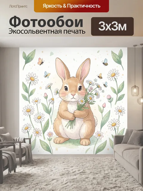 Фотообои Кролик с букетом полевых цветов