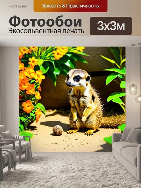 Фотообои сурикат, играющий с маленьким мячиком в солнечный зоопарк, окруженный зелеными растениями и яркими цветами
