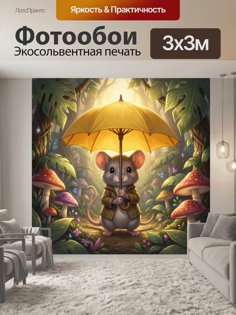 Фотообои Мышонок с жёлтым зонтом в лесу