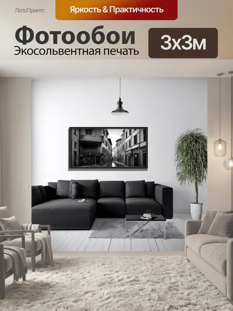 Фотообои минималистичный интерьер гостиной с черно-белой фотографией старого города в рамке