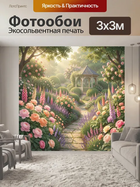 Фотообои Цветущий сад с беседкой