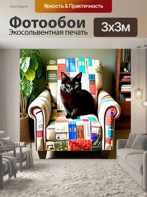 Фотообои черный кот, уютно устроившийся на кресле, в окружении растений и книг