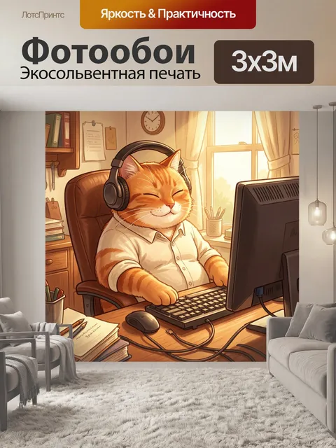 Фотообои Кот в наушниках за компьютером