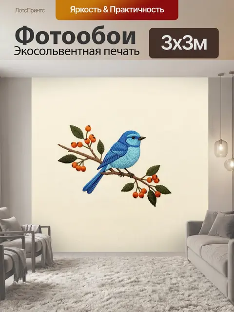 Фотообои Синяя птица на ветке с ягодами