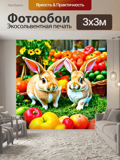 Фотообои животные в стиле маскот, озорные кролики, прыгающие по саду, украшенному яркими овощами и фруктами