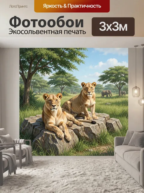Фотообои Львицы в саванне с слонами