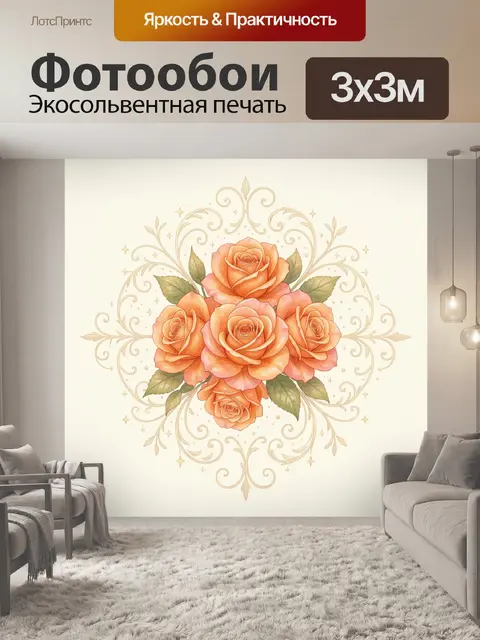Фотообои Персиковые розы в декоративной рамке