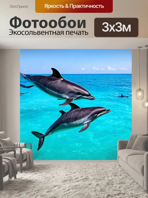 Фотообои группа дельфинов, играющих в кристально чистой воде