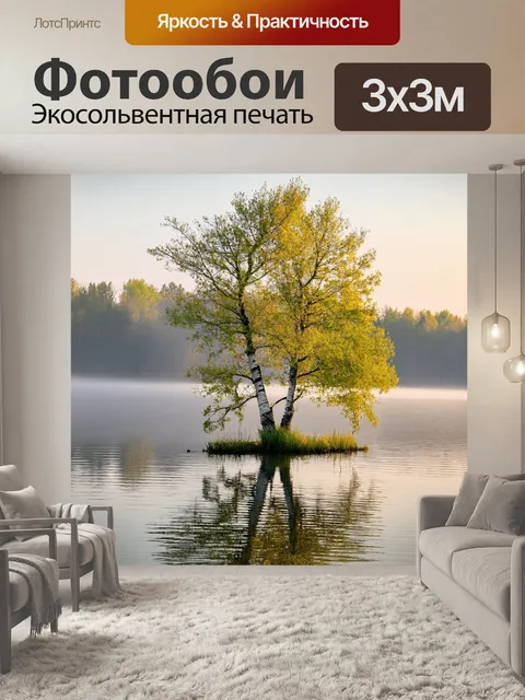 Фотообои с березой у тихого озера, отражение дерева на поверхности воды, утренний туман и спокойствие природы
