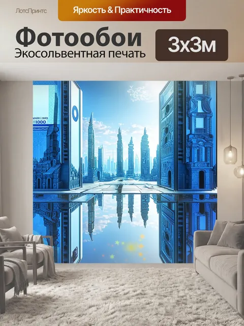 Фотообои изобразите футуристический город, где здания состоят из стеклянных евро-купюр, отражающих небо